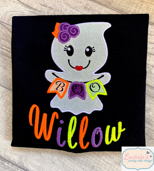 Halloween Embroidered Glitter Ghost Boo T-Shirt