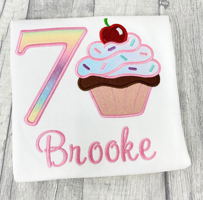 Cupcake Birthday Top with Embroidered Rainbow Number