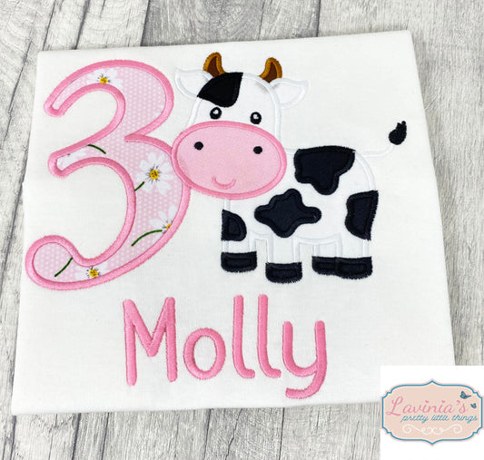 Pink Number Embroidered Cow Birthday T-Shirt