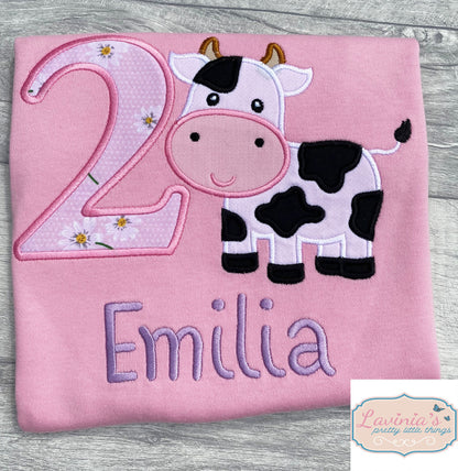Pink Number Embroidered Cow Birthday T-Shirt