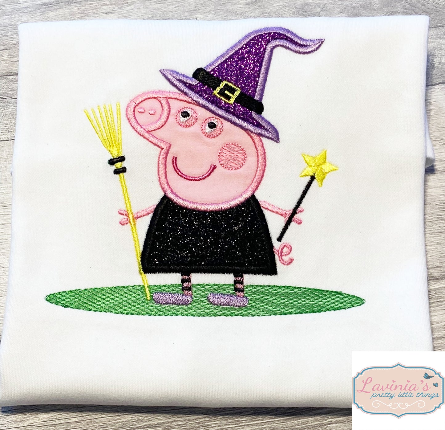 Pink Pepa Pig Witch T-Shirt, Embroidered Halloween Top
