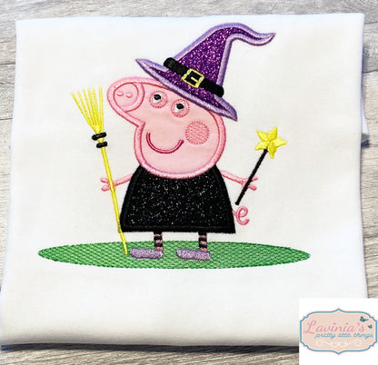 Pink Pepa Pig Witch T-Shirt, Embroidered Halloween Top