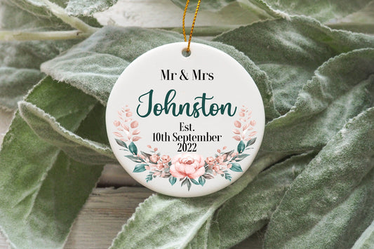 Personalised Married Ornament, Mr & Mrs Wedding Decoration, Floral Boho Ornament Keepsake