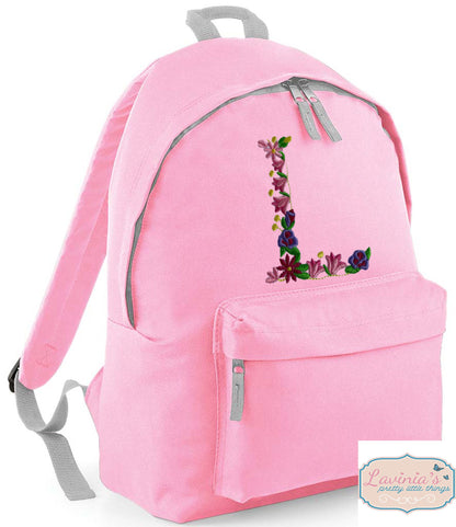 Flower Initial Backpack, Personalised Embroidered Flower Letter Bag