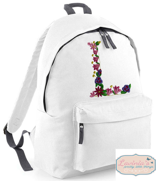 Flower Initial Backpack, Personalised Embroidered Flower Letter Bag