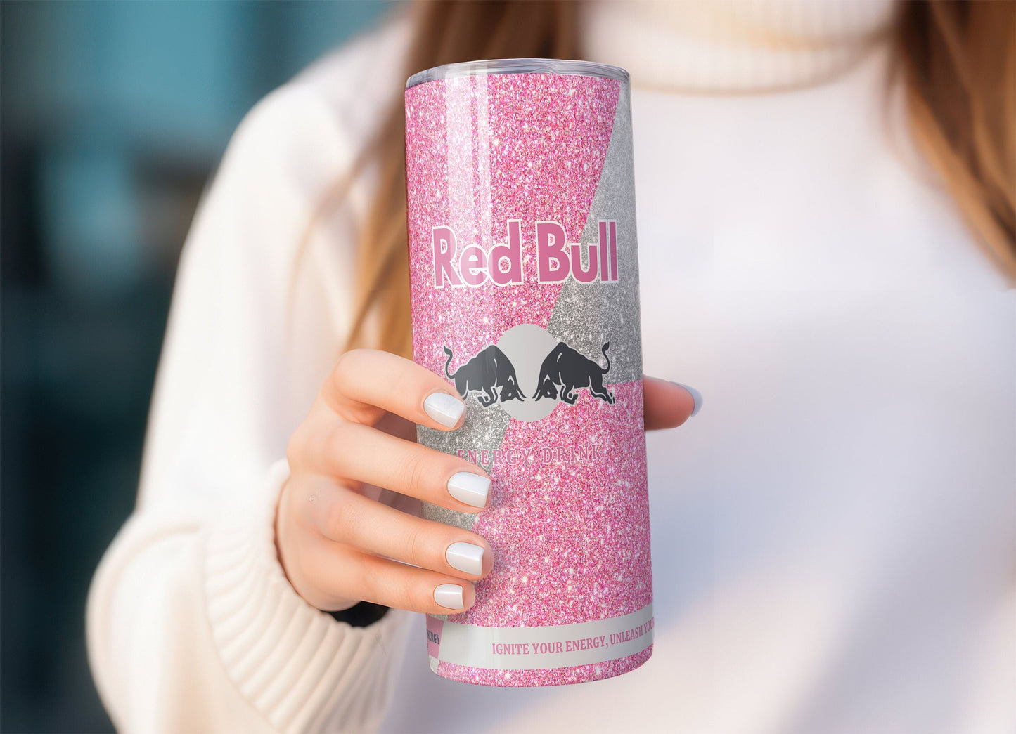 Pink glitter red bull inspired tumbler
