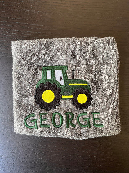 personalised embroidered kids green Tractor towel