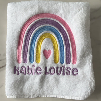 Personalised Kids Swimming Towel | Rainbow Theme Cotton Towel | Embroidered Swimming Lesson Towel