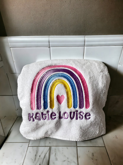 Personalised Kids Swimming Towel | Rainbow Theme Cotton Towel | Embroidered Swimming Lesson Towel