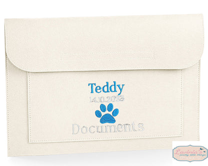 Embroidered Puppy Dog Folder Pouch, Personalised Puppy Paw Document Folder, Personalised Name, D.O.B, Gifts New Puppy Dog