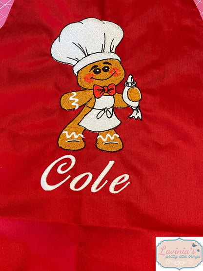 Personalised Children's Christmas Apron, Embroidered Gingerbread Man