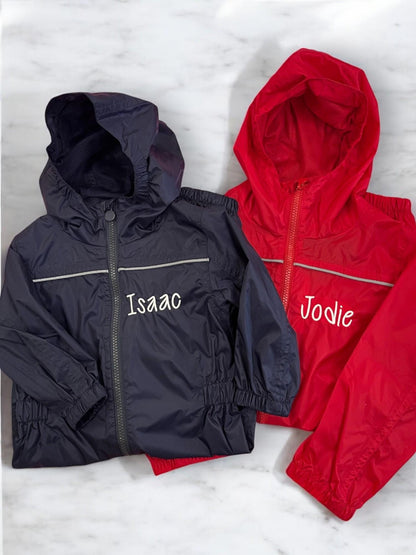 Personalised kids waterproof overalls, kids navy red embroidered boiler suit, kids sizes aged 1-6 years