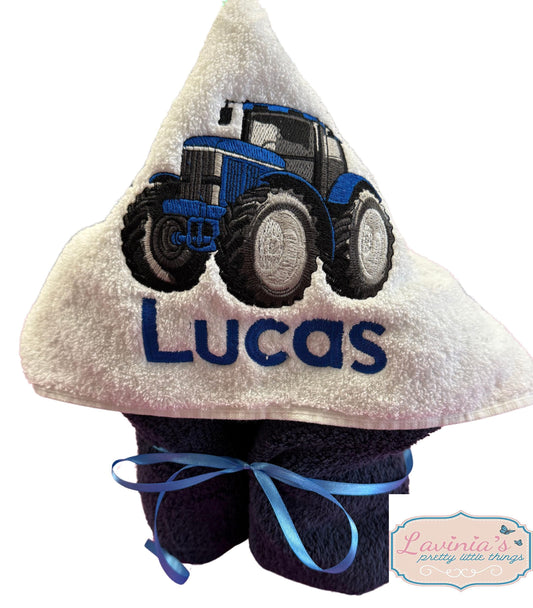Personalised Blue Tractor Hooded Towel, Embroidered Name Tractor Towel