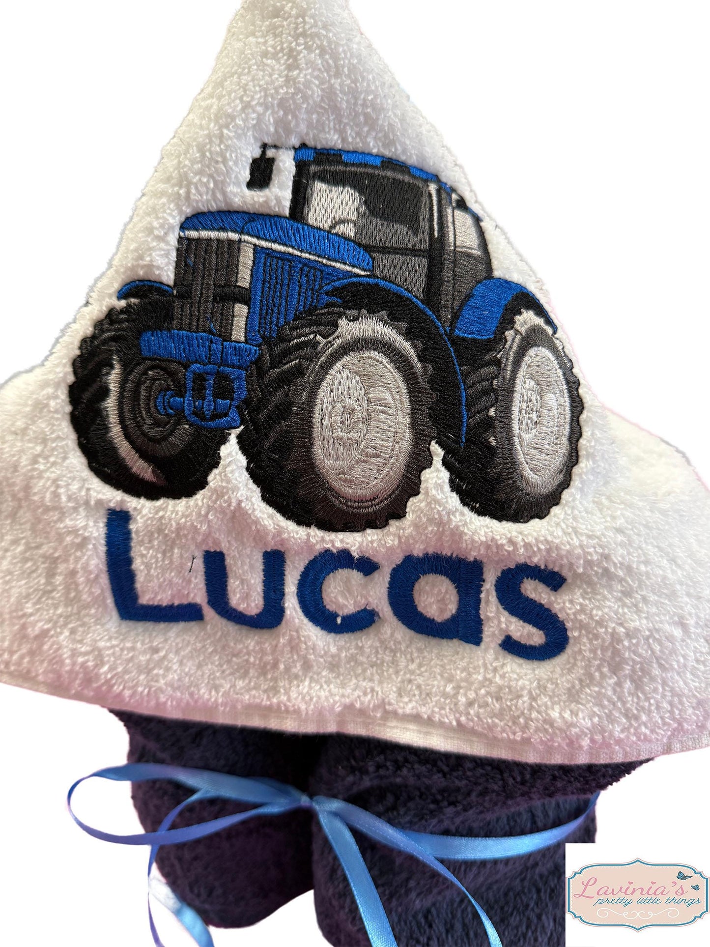 Personalised Blue Tractor Hooded Towel, Embroidered Name Tractor Towel