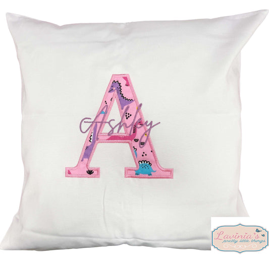 personalised-girls-dinosaur-embroidered-name-initial-cusion