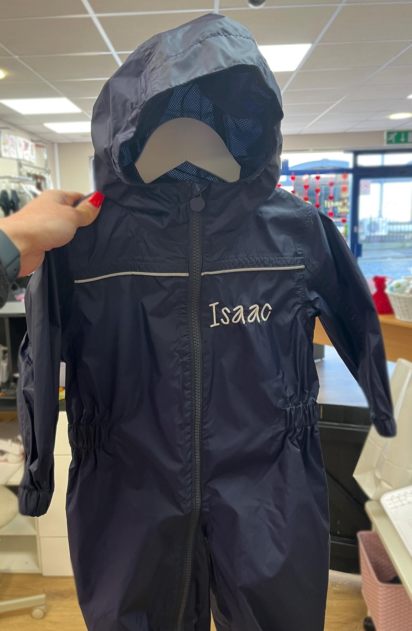 Personalised kids waterproof overalls, kids navy red embroidered boiler suit, kids sizes aged 1-6 years