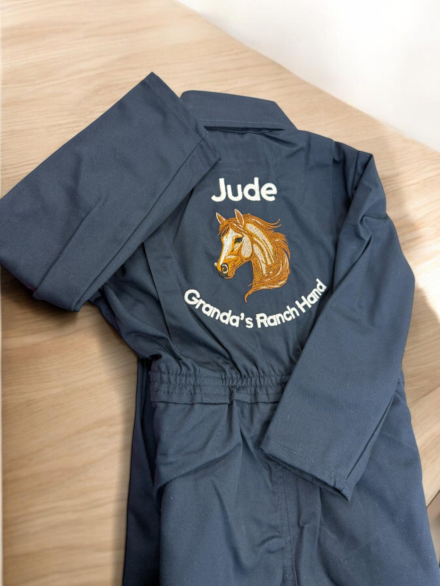 Personalised kids horse overalls, kids navy embroidered boilersuit, kids sizes aged 1-12 years