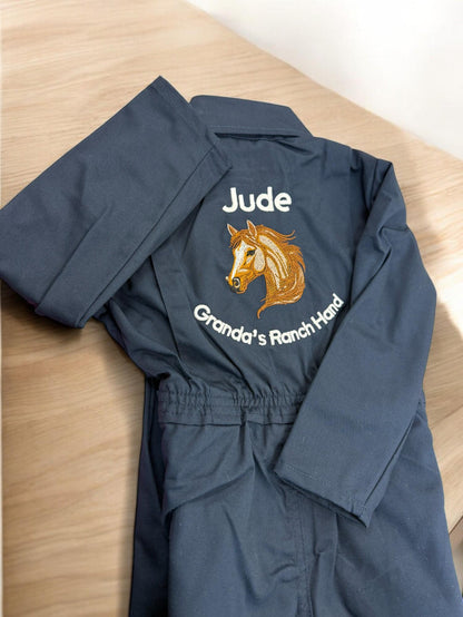 Personalised kids horse overalls, kids navy embroidered boilersuit, kids sizes aged 1-12 years