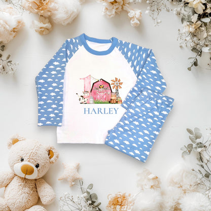 Girls 1st Birthday Farm Pyjamas / Pink Cloud PJs / When I Wake Up I Will Be One / Toddler Birthday Outfit / Farm Animal Theme Sleepwear