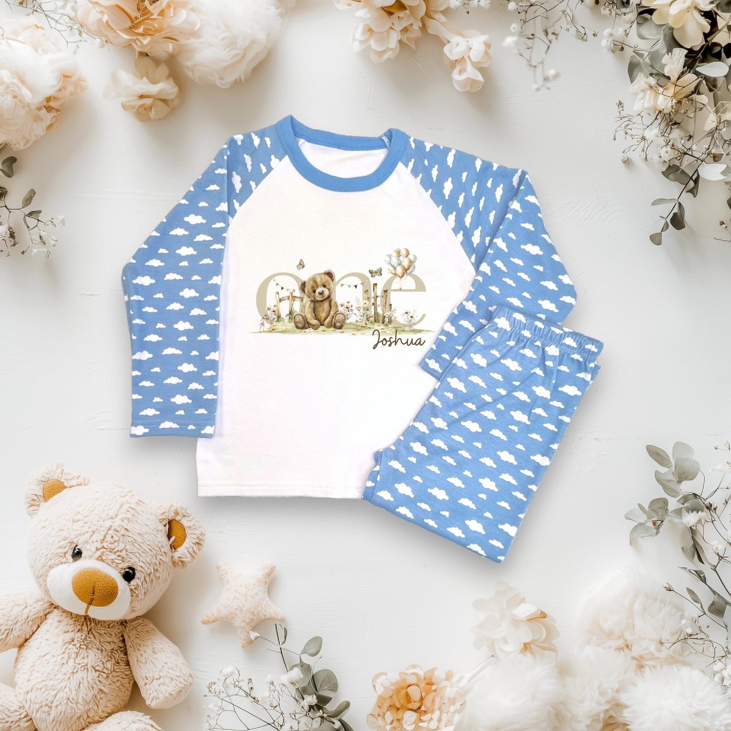 1st Birthday Teddy Bear Pyjamas/ Pink Cloud PJs/When I Wake Up I Will Be One/Toddler Birthday Outfit/ Bear Theme Sleepwear