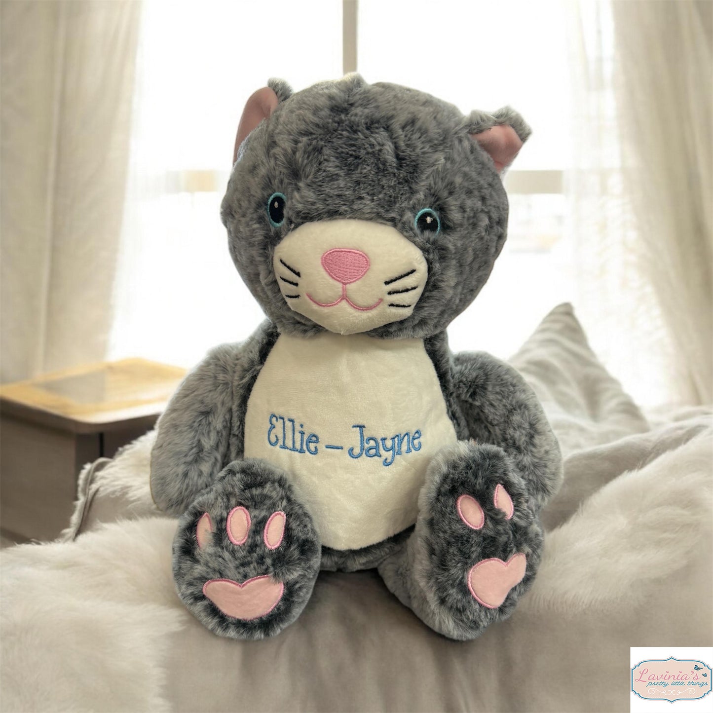Personalised Cat Teddy Bear, Embroidered with Any Name