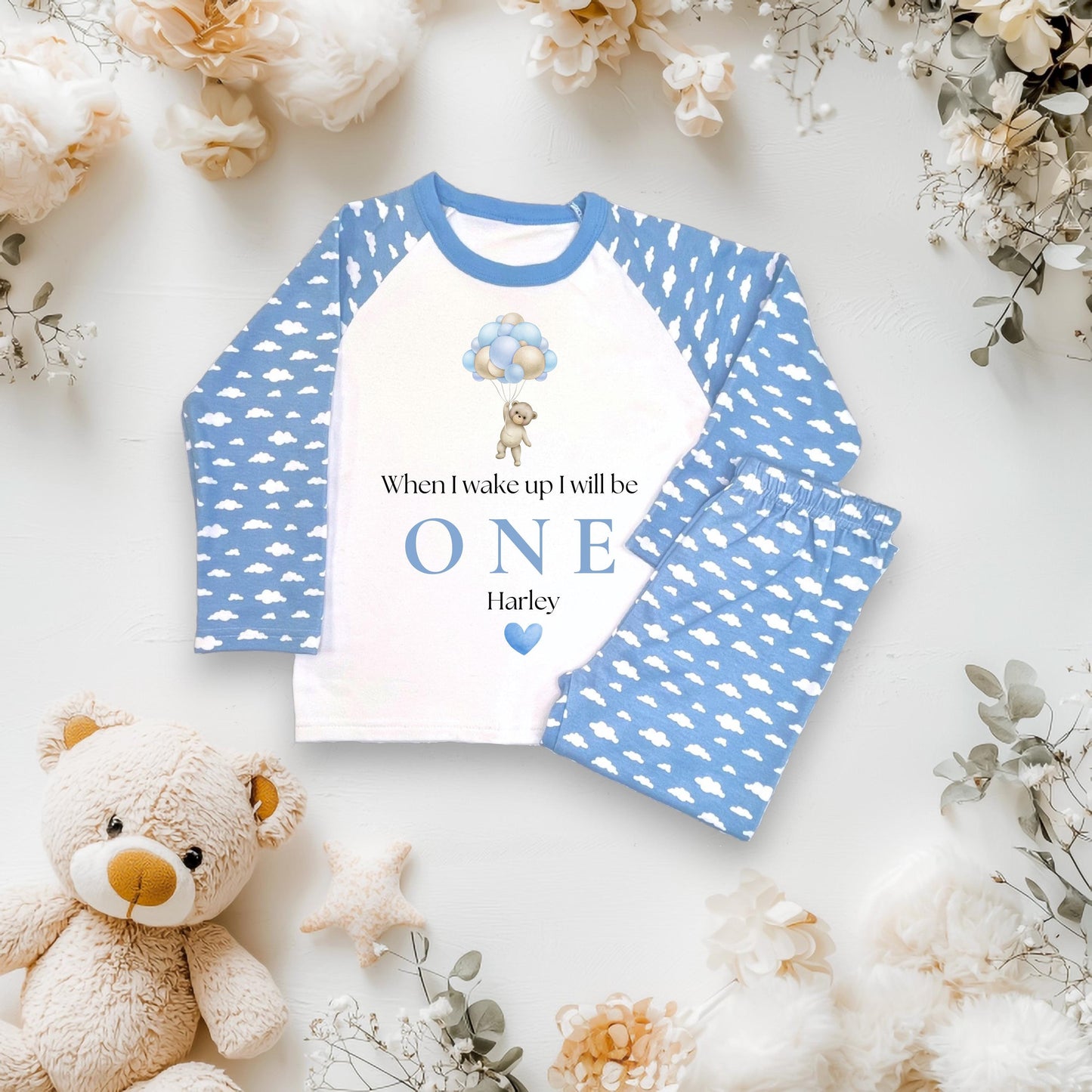 Boys 1st Birthday Personalised Childrens teddy bear blue cloud pyjamas, children's birthday jammies, when I wake up I will be one,two,three