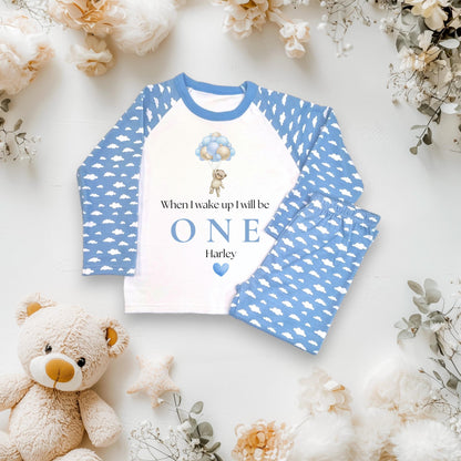 Boys 1st Birthday Personalised Childrens teddy bear blue cloud pyjamas, children's birthday jammies, when I wake up I will be one,two,three