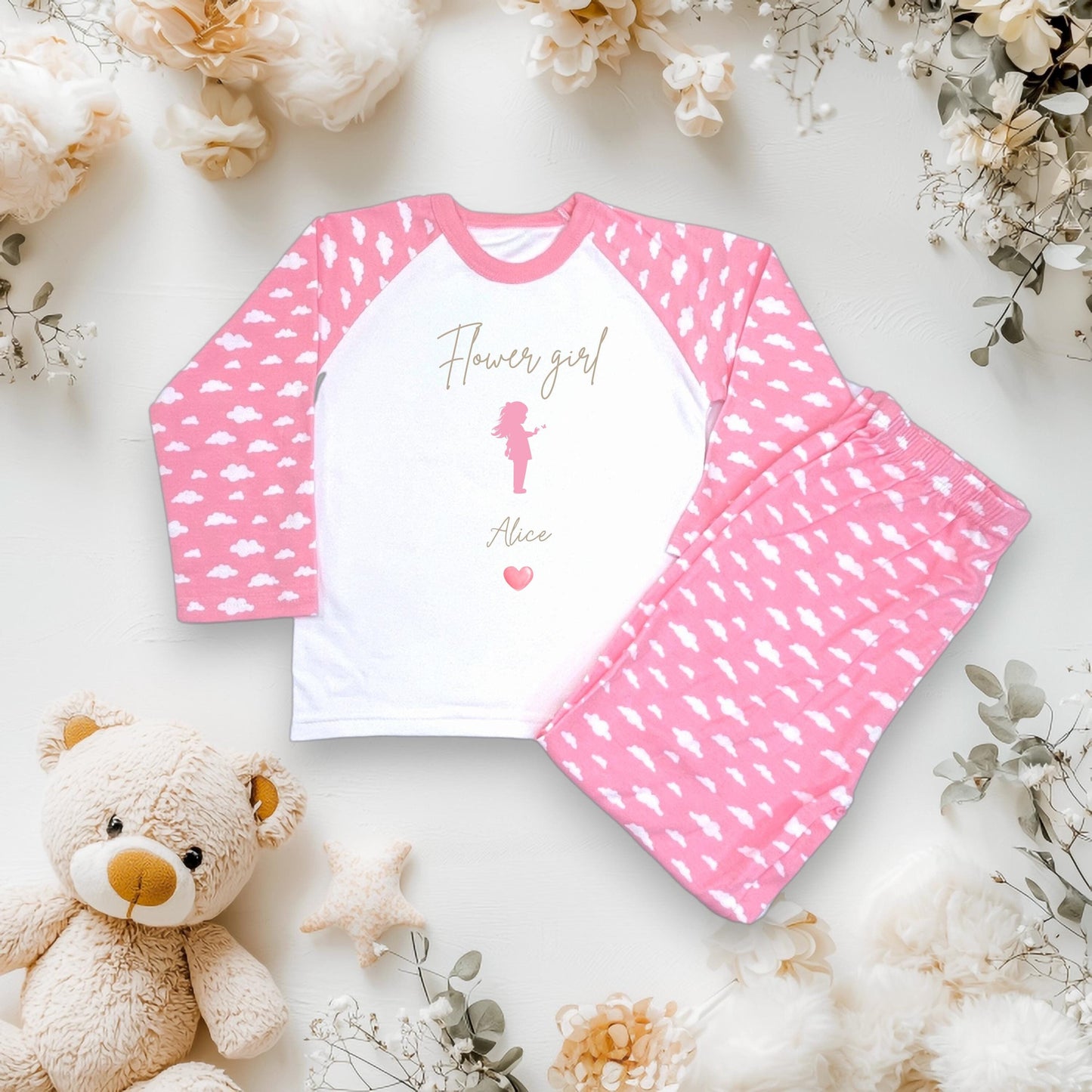Girls Flower Girl Pyjamas/ Pink Cloud PJs/ Wedding flower girl pjs / Toddler wedding jammies / wedding Theme Sleepwear CE Tested Pyjamas