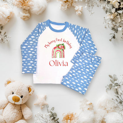 My berry first Birthday Pyjamas/ Pink Cloud PJs/When I Wake Up I Will Be One/Toddler Birthday Outfit/ Strawberry Theme CE Tested Pyjamas