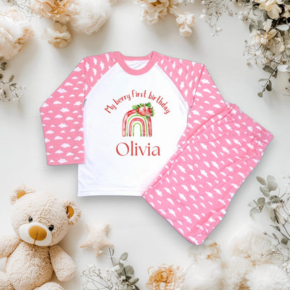 My berry first Birthday Pyjamas/ Pink Cloud PJs/When I Wake Up I Will Be One/Toddler Birthday Outfit/ Strawberry Theme CE Tested Pyjamas