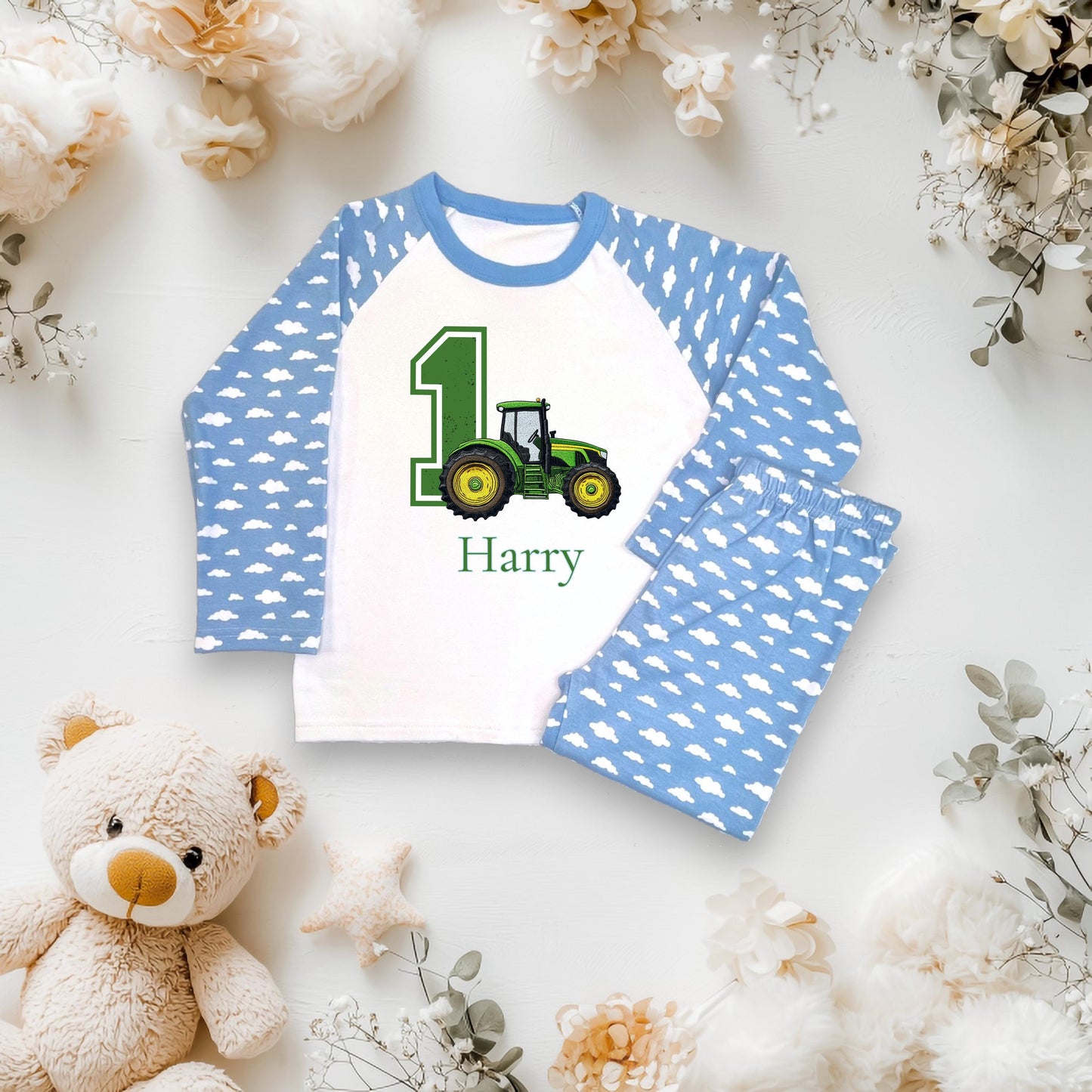 Boys Tractor Birthday Pyjamas/ Farm Blue Cloud PJs/When I wake up I will be 1 2 3 4 5 Toddler Birthday Outfit/ Tractor Theme Sleepwear