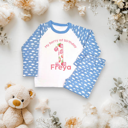Girls 1st Strawberry Birthday Pyjamas/ Pink Cloud PJs/My berry 1st birthday /Toddler Birthday Outfit/ Strawberry Theme Sleepwear