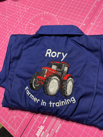 Personalised kids farmer in training tractor overalls, kids navy embroidered boilersuit, kids sizes aged 1-12 years