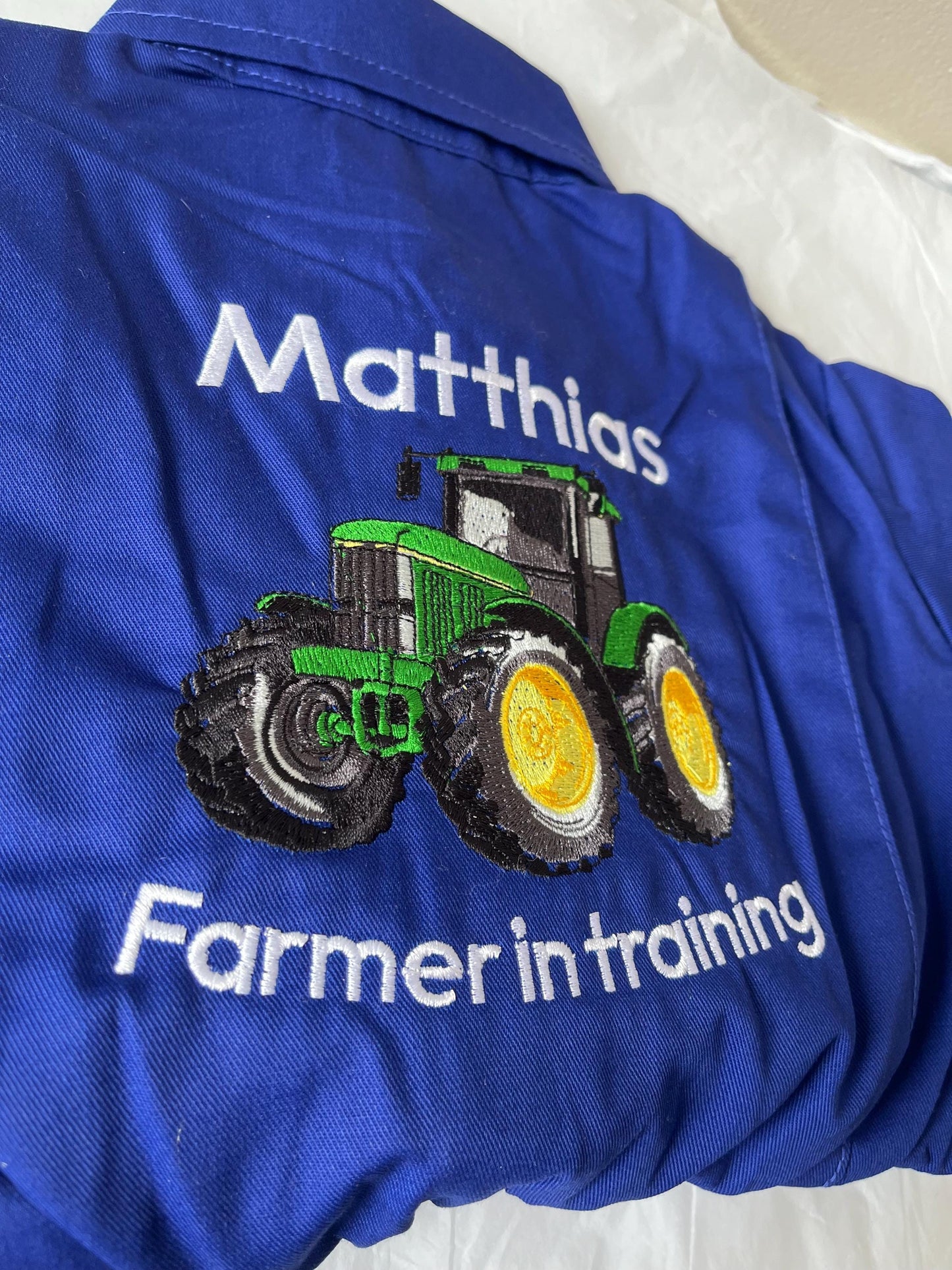 Personalised kids farmer in training tractor overalls, kids navy embroidered boilersuit, kids sizes aged 1-12 years