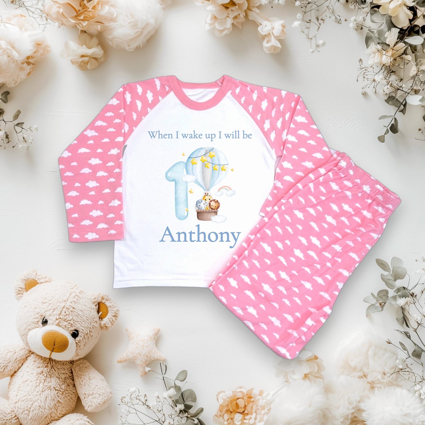 Boys 1st Birthday hot air balloon teddy bear blue cloud pyjamas, children's birthday jammies, when I wake up I will be one,two,three