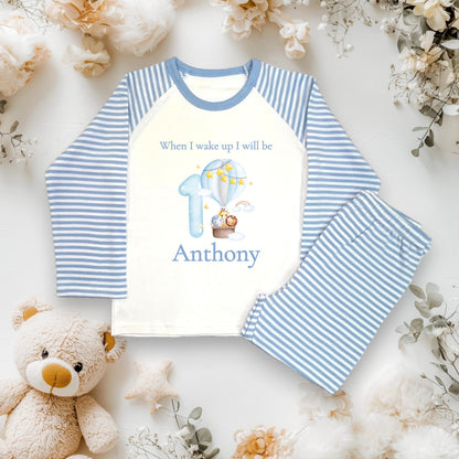 Boys 1st Birthday hot air balloon teddy bear blue cloud pyjamas, children's birthday jammies, when I wake up I will be one,two,three