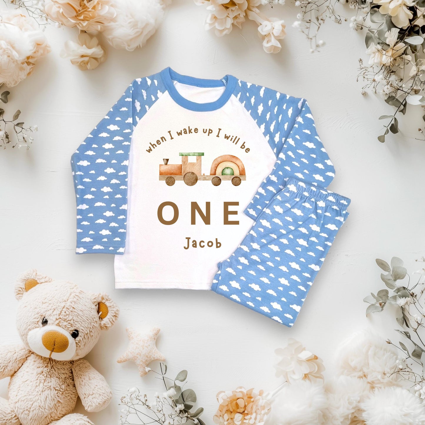 Children's train birthday Pyjamas – When I wake up Jammies, 'When I Wake Up I Will Be One/Two/Three' – CE Tested Sleepwear