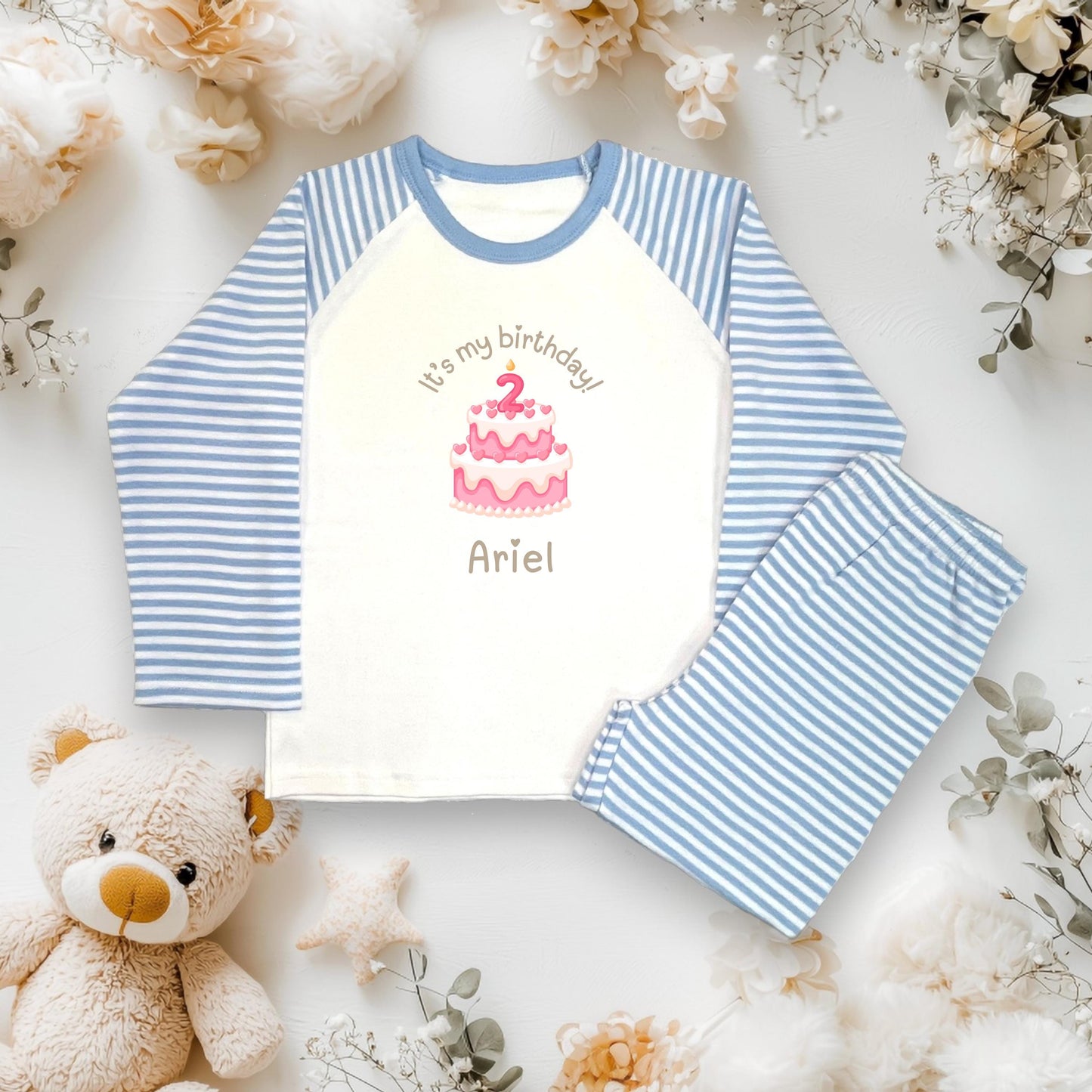 Personalized Kids Birthday Pyjamas - Custom Name PJs with Birthday Cake Print - Toddler & Baby Sleepwear - Birthday Gift for Boys and Girls