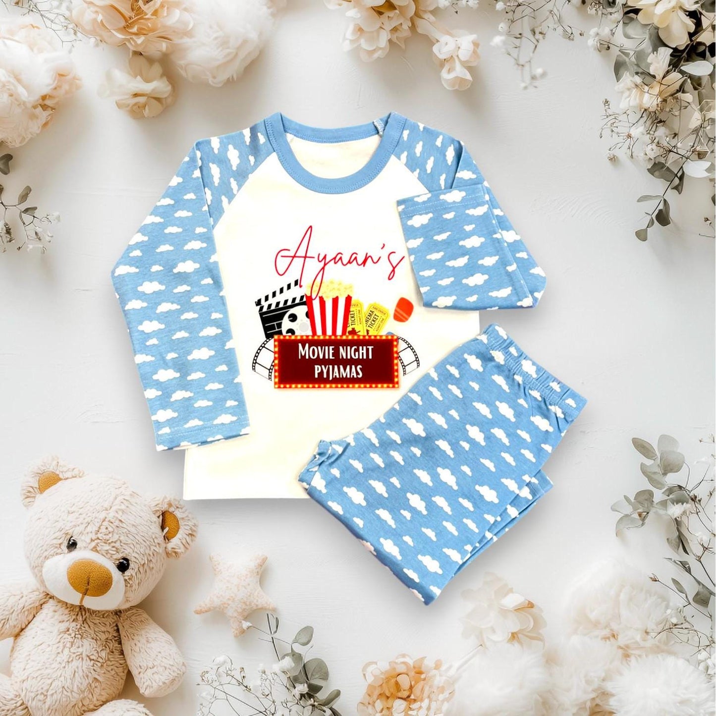 Personalised Childrens movie night pyjamas, children's cinema jammies, popcorn film movie, CE Tested Pyjamas