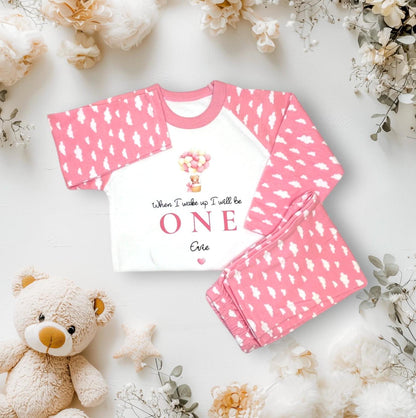 Girls 1st Birthday Teddy Bear Pyjamas/ Pink Cloud PJs/When I Wake Up I Will Be One/Toddler Birthday Outfit/ Bear Theme Sleepwear
