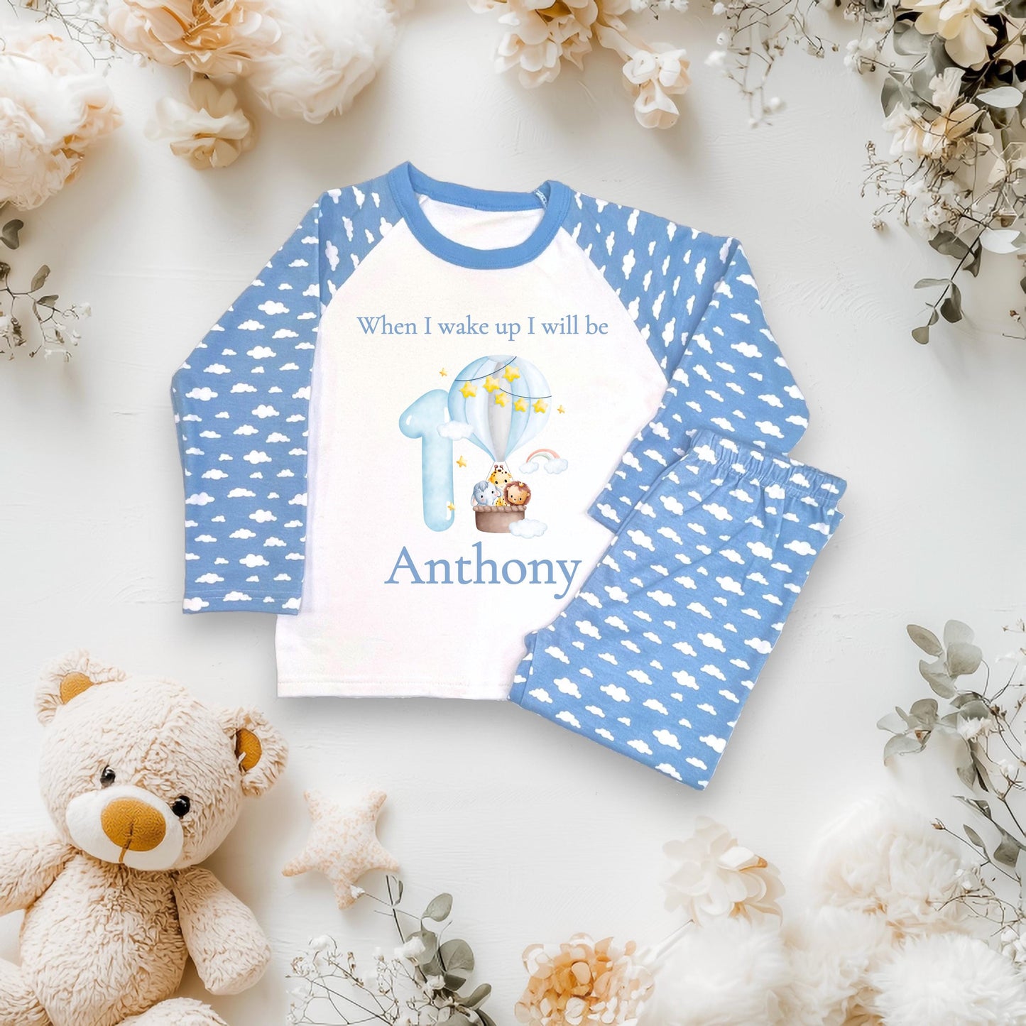 Boys 1st Birthday hot air balloon teddy bear blue cloud pyjamas, children's birthday jammies, when I wake up I will be one,two,three