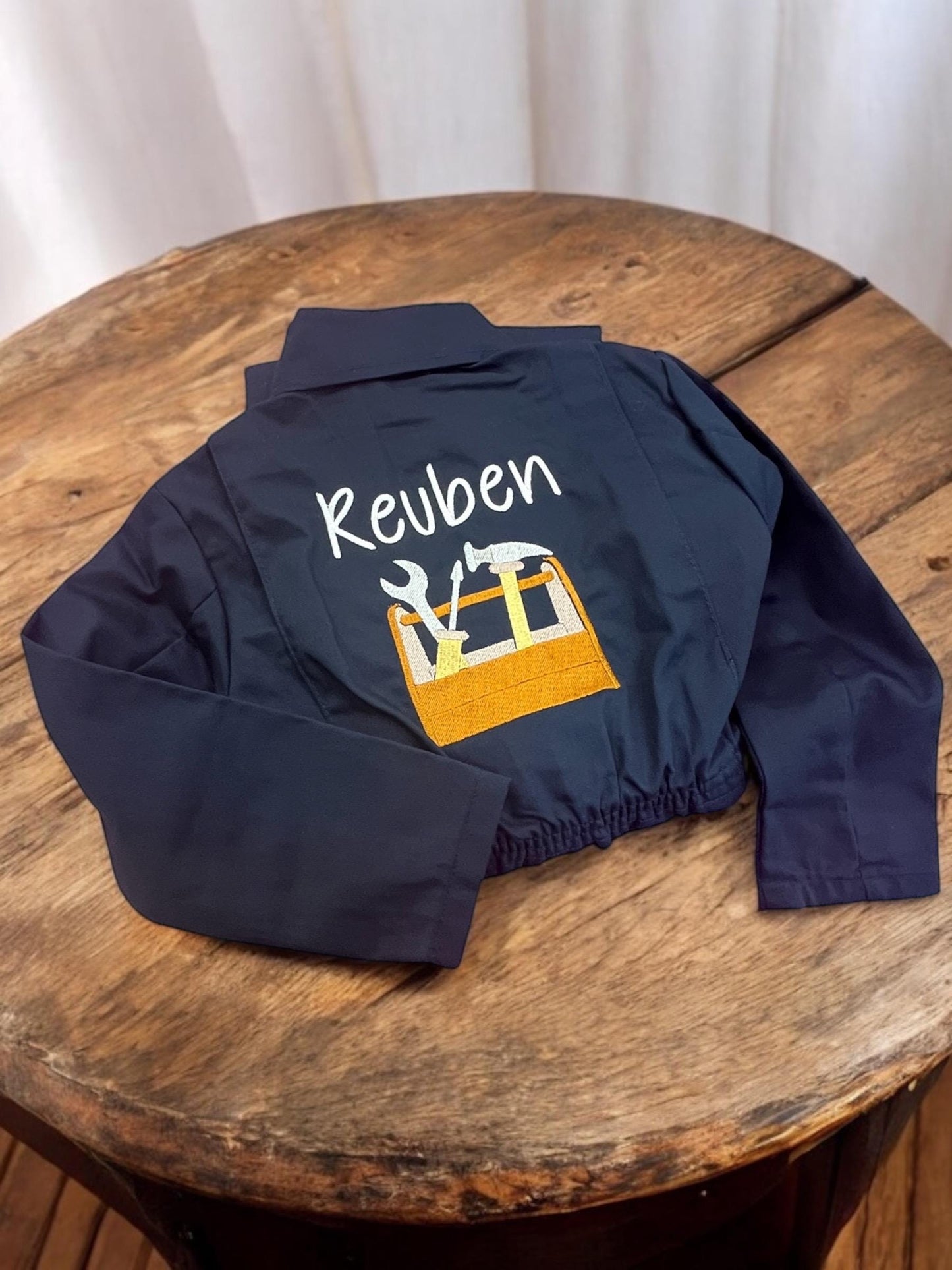 Personalized Kids Navy Overalls, Embroidered Toolbox Boilersuit