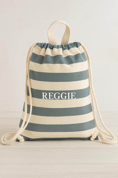 Personalised Striped Drawstring Bag – Embroidered Name Gym Kit, Kids PE Beach Bag, Nursery or School Backpack
