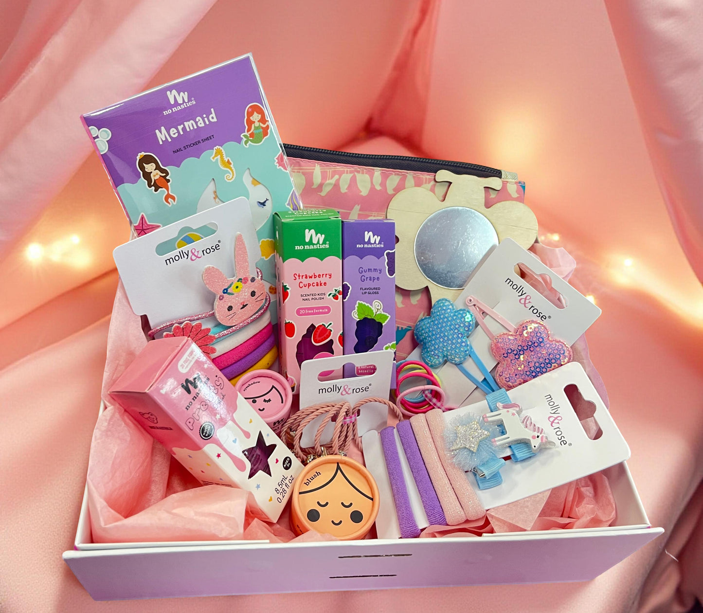 Kids Treat Box – Childrens Pamper Gift Set – Hair Accessories, Kid-Friendly Polish – Birthday/Reward Box, mystery box