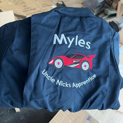 Personalised kids race car overalls, kids navy embroidered boilersuit, kids sizes aged 1-12 years