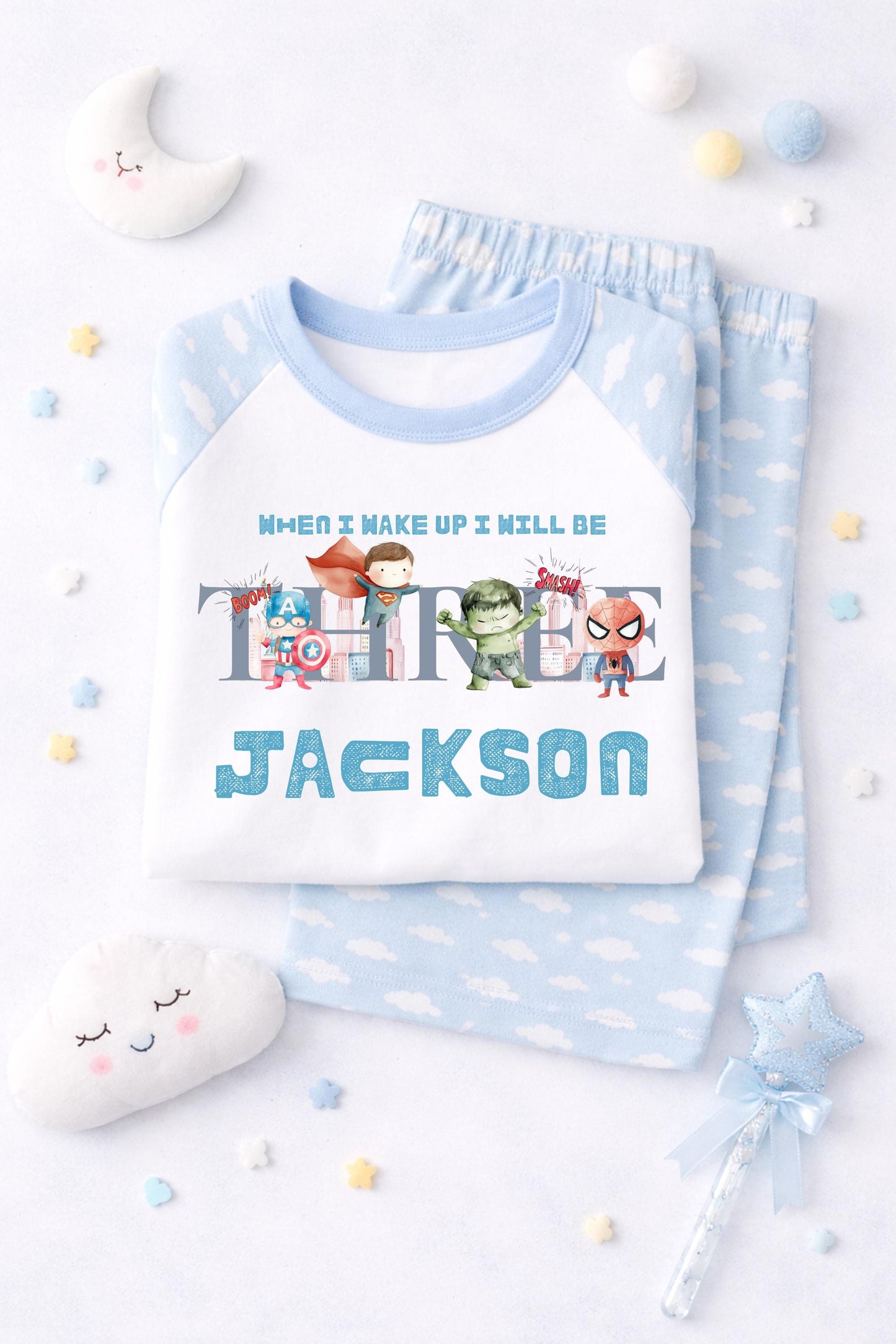 Personalised When I wake up I will be one two three superhero pyjamas