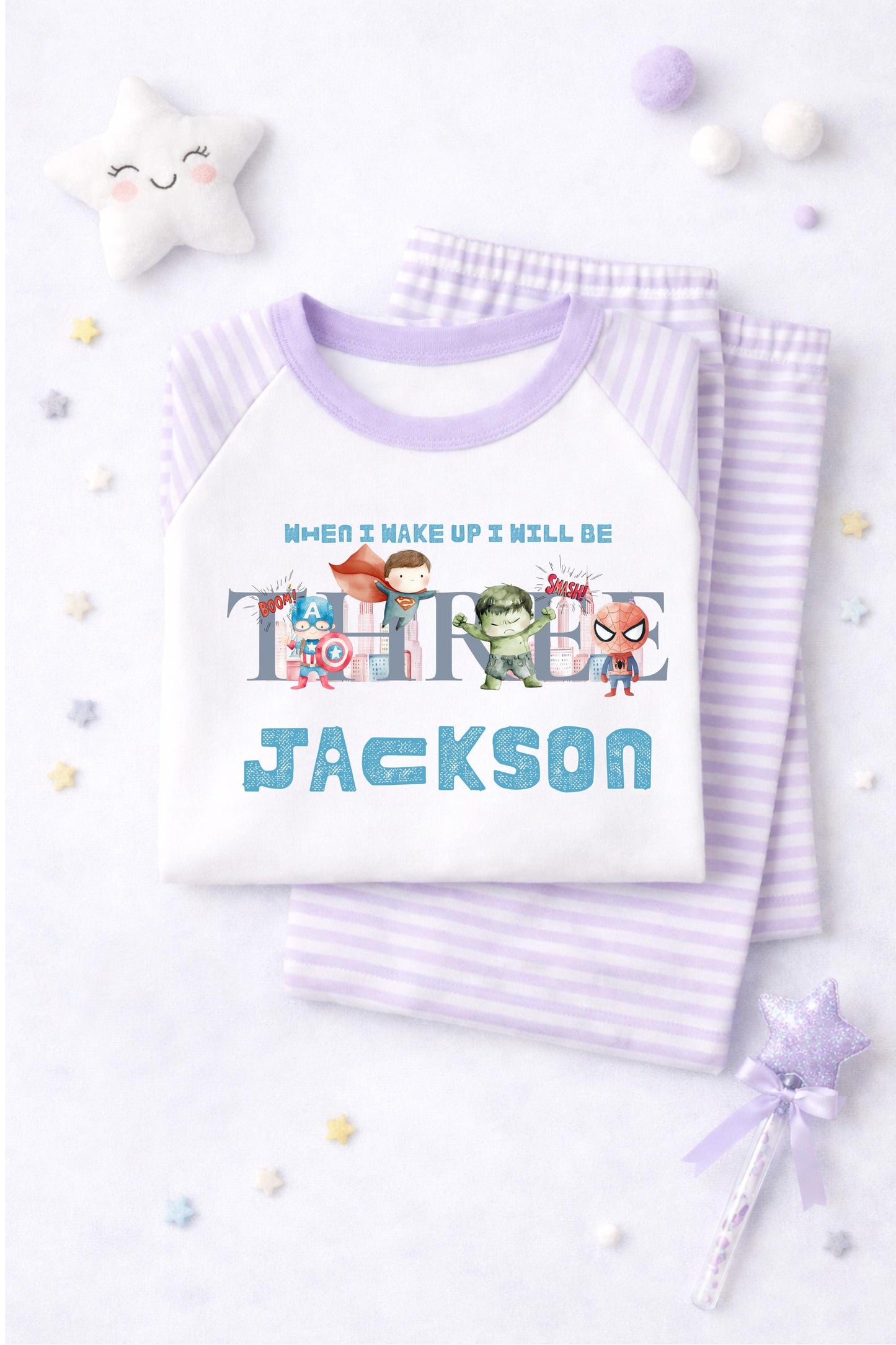 Personalised When I wake up I will be one two three superhero pyjamas