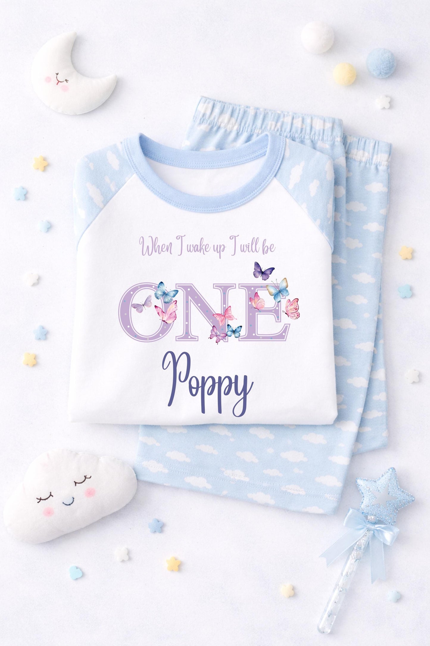 When I wake up I will be one,two,three,four,five, butterfly pjs