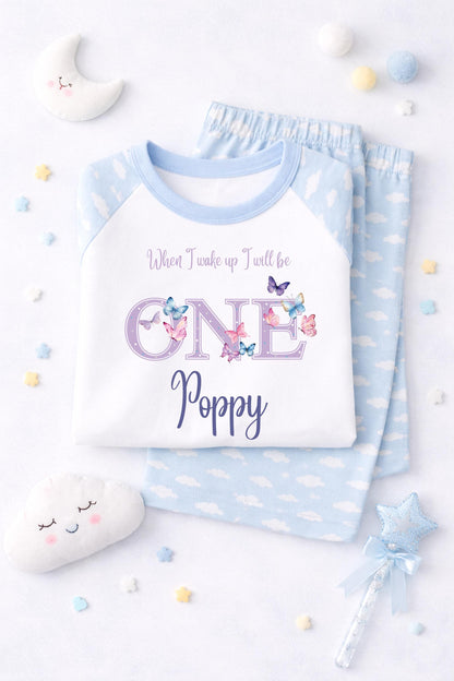 When I wake up I will be one,two,three,four,five, butterfly pjs