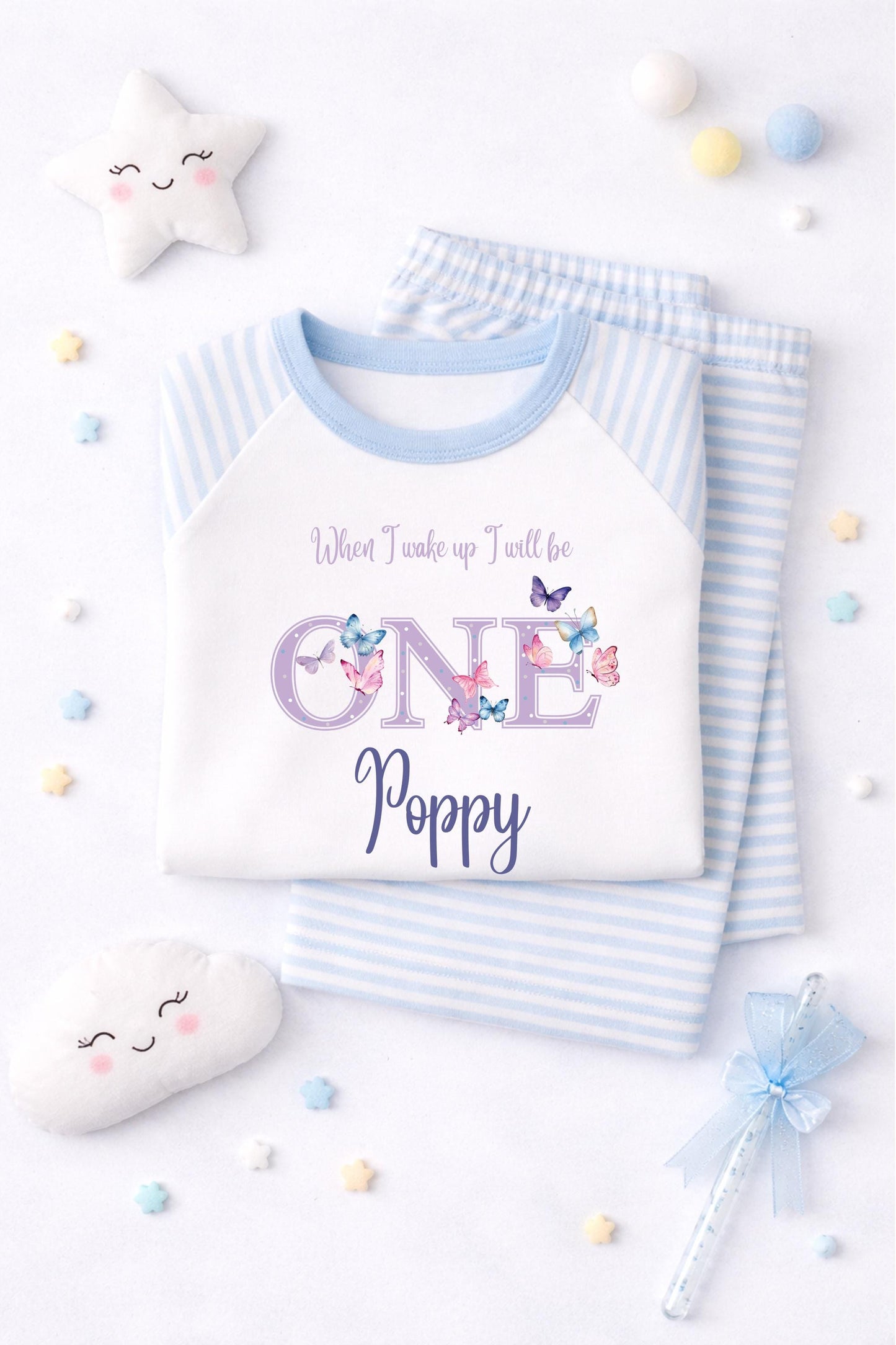 When I wake up I will be one,two,three,four,five, butterfly pjs